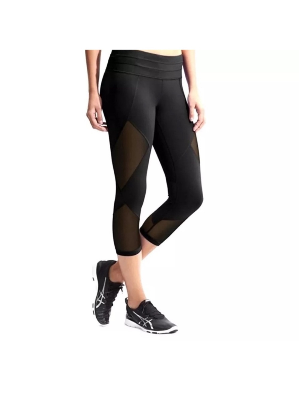 Athleta Black Mesh-Panel Capri Leggings